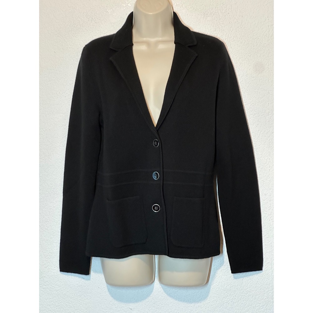 Talbots Womens Black 100% Merino Wool 3-Button Knit Blazer Cardigan Size S
